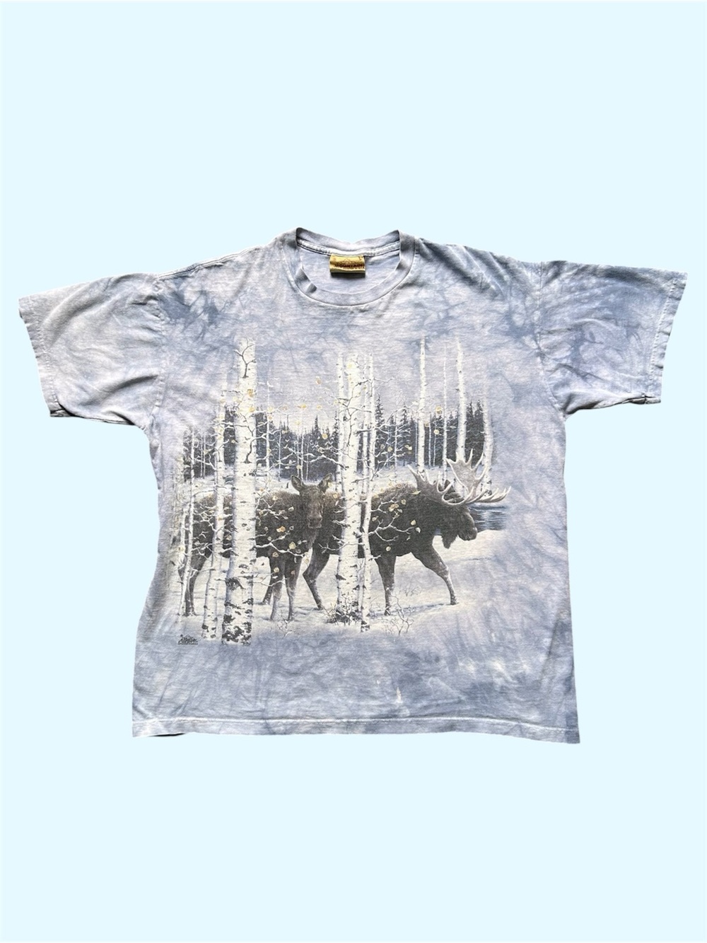 Vintage 90s The Mountain Moose Graphic Leather Tag Jeff Tify Tie Dye Blue Large